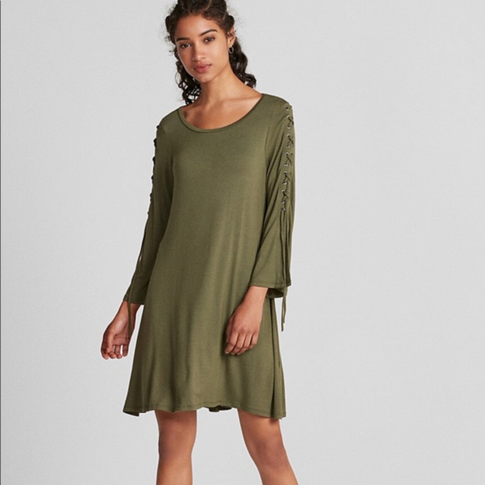 Express lace up bell sleeved olive green dress